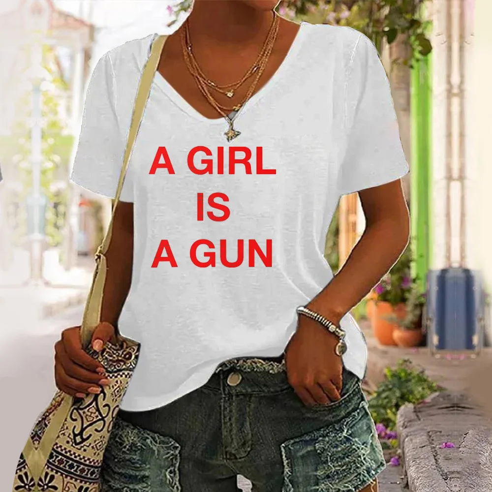 A Girl Is A Gun V-neck T-Shirt Funny Power Feminist Apparel Gifts For Mom