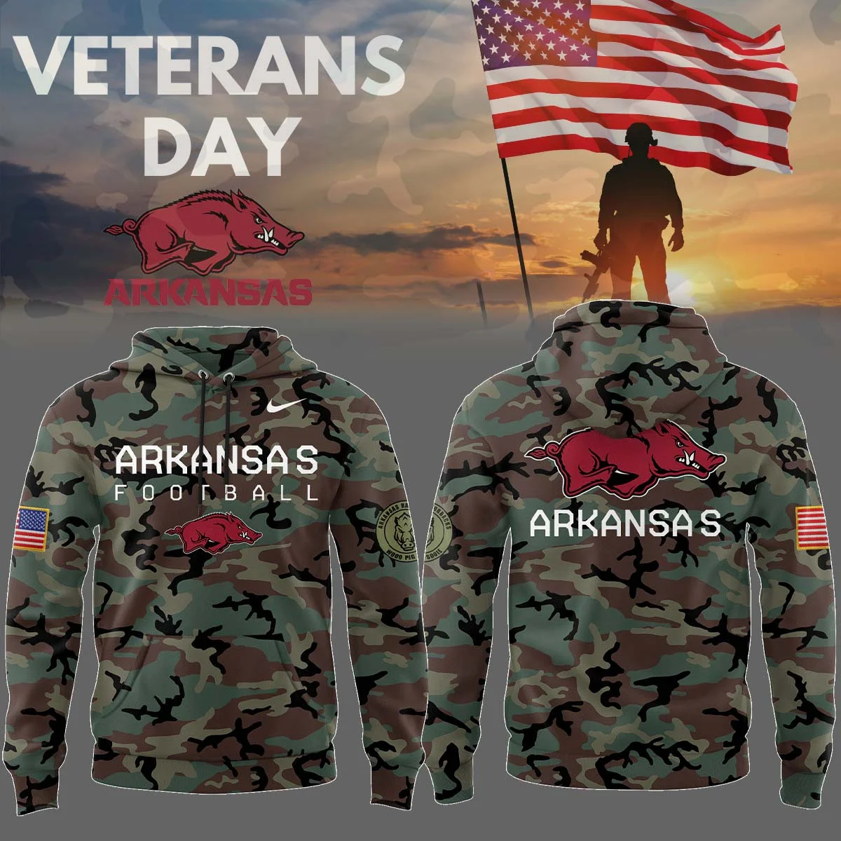Arkansas Razorbacks Veteran Camo NCAA Hoodie Best Gifts For Basketball Fans