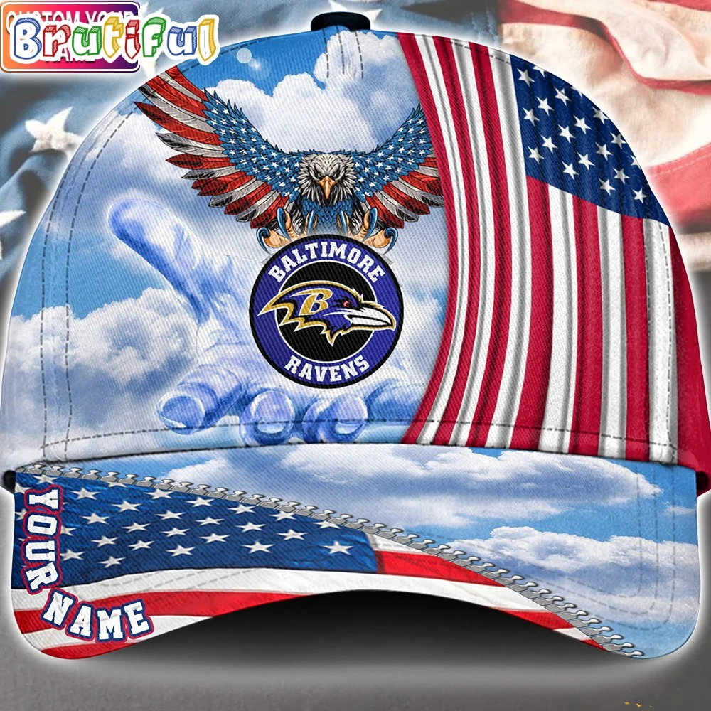 Baltimore Ravens America Eagle Flag 4th Of July Baseball Cap, Football Veteran Cap