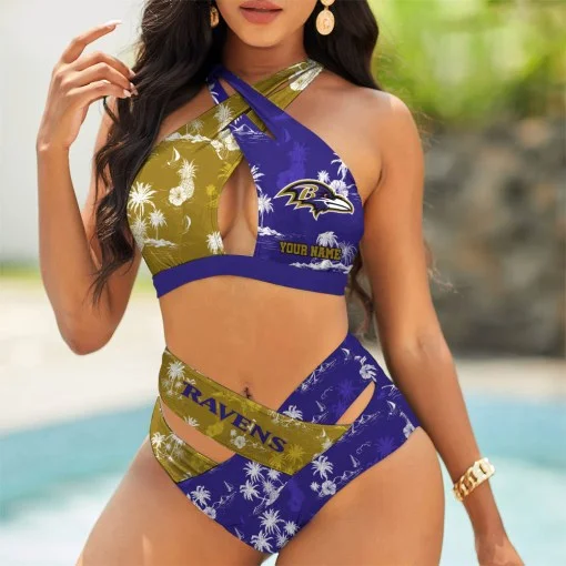 Baltimore Ravens Womens 2Pcs Bikini Swimsuit Criss Cross Cutout Bathing Suit St2941
