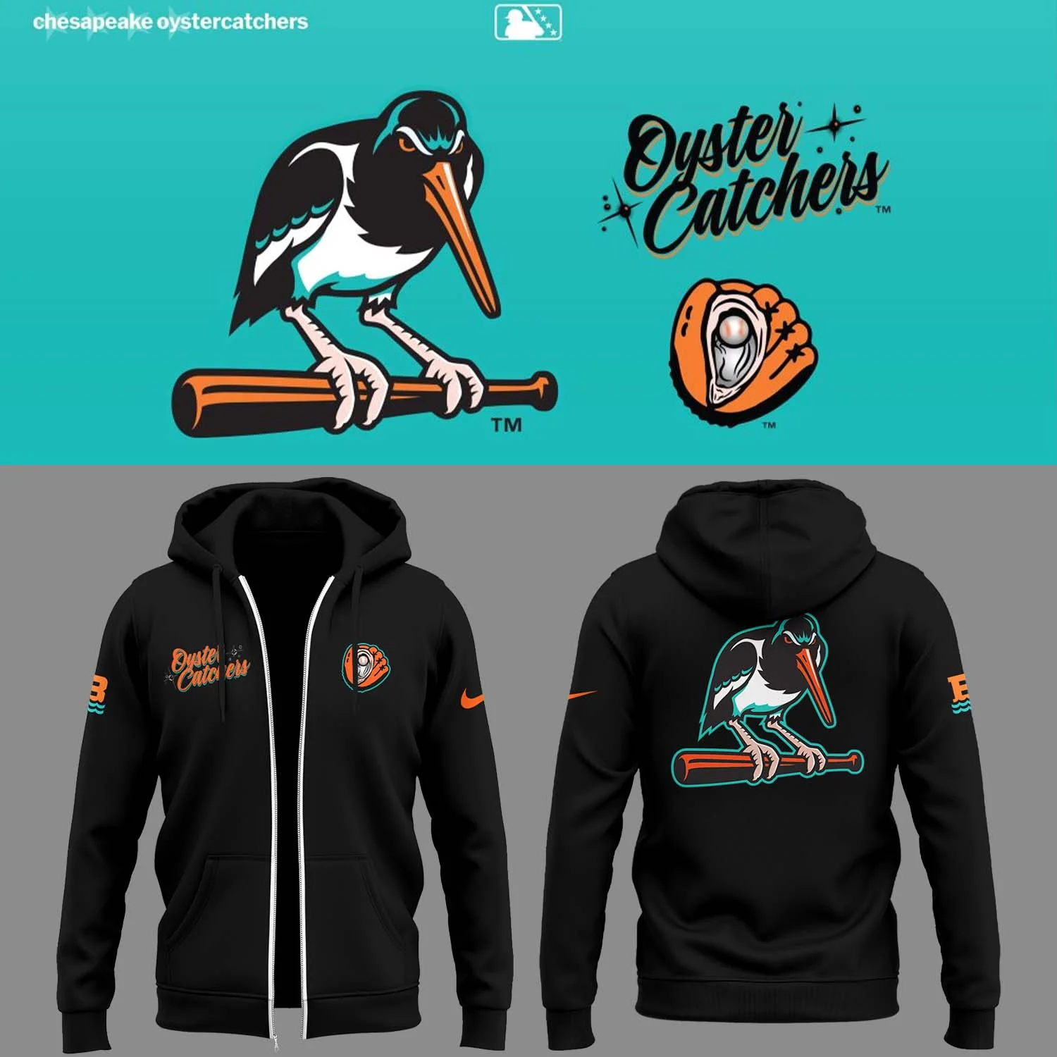 Baysox Baseball the Oyster Catchers Black Zip Hoodie