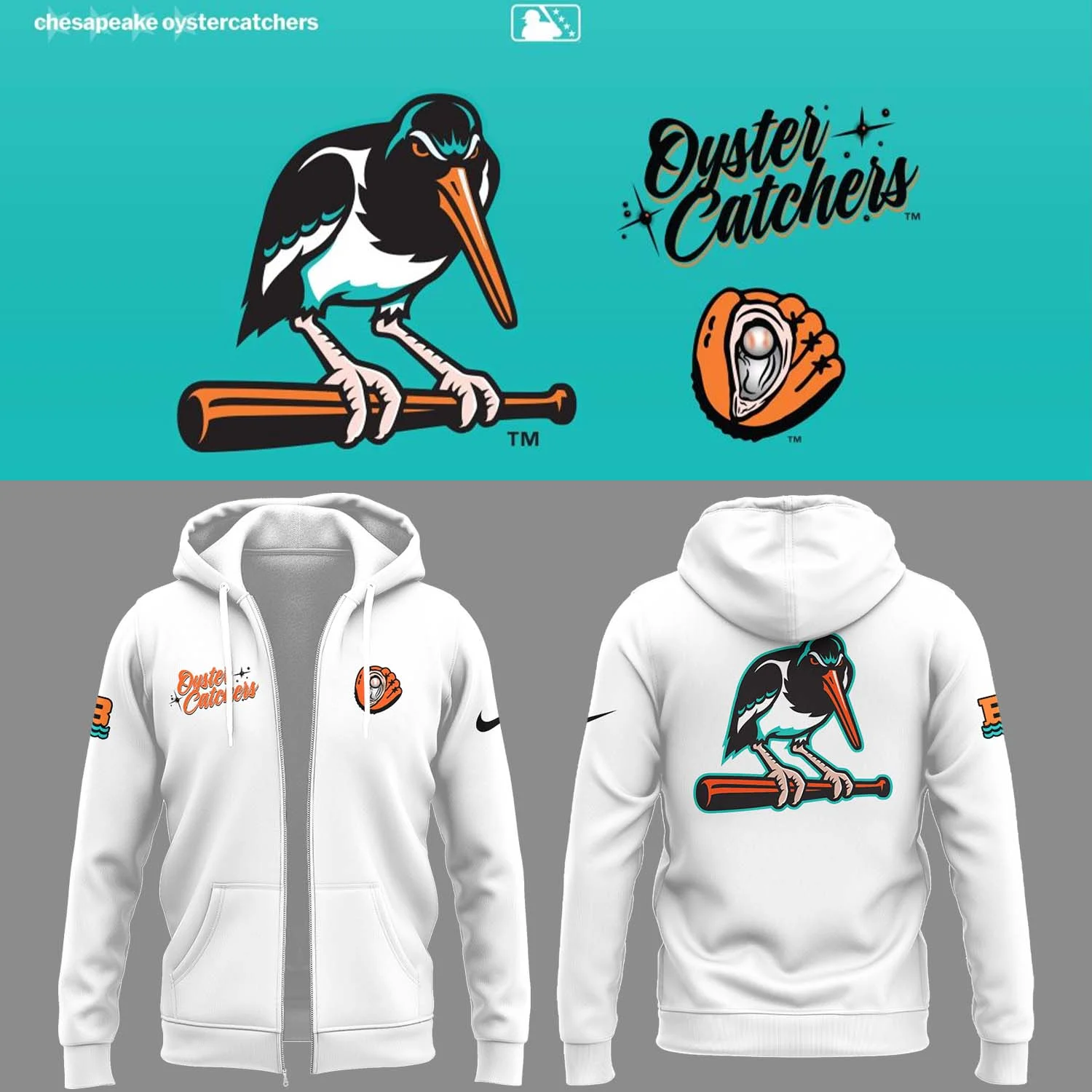 Baysox Baseball the Oyster Catchers White Zip Hoodie Gift For Baseball Lover