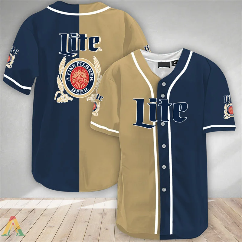 Beige And Navi Split Miller Lite Baseball Jersey Style6985