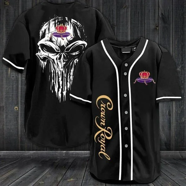 Black Skull Crown Royal Whiskey Baseball Jersey Style3192