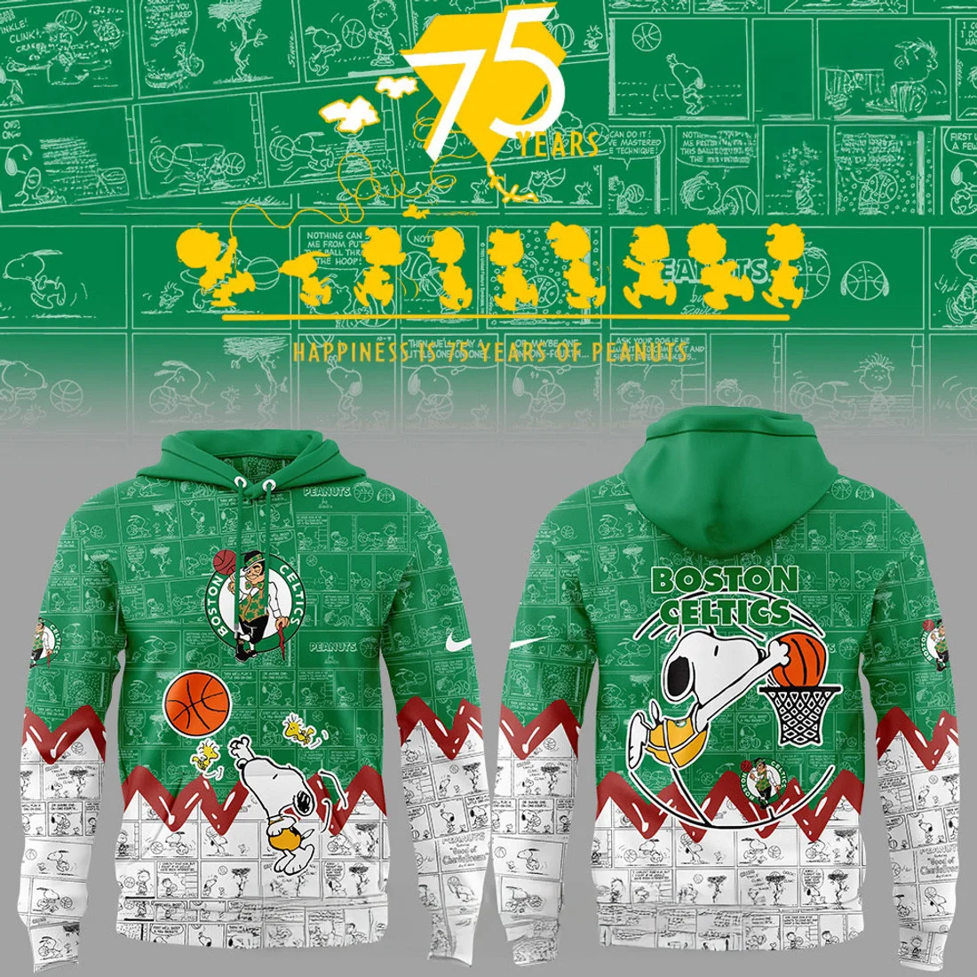 Boston Celtics 75th Anniversary Of Peanuts Hoodie Gift For Basketball Lover