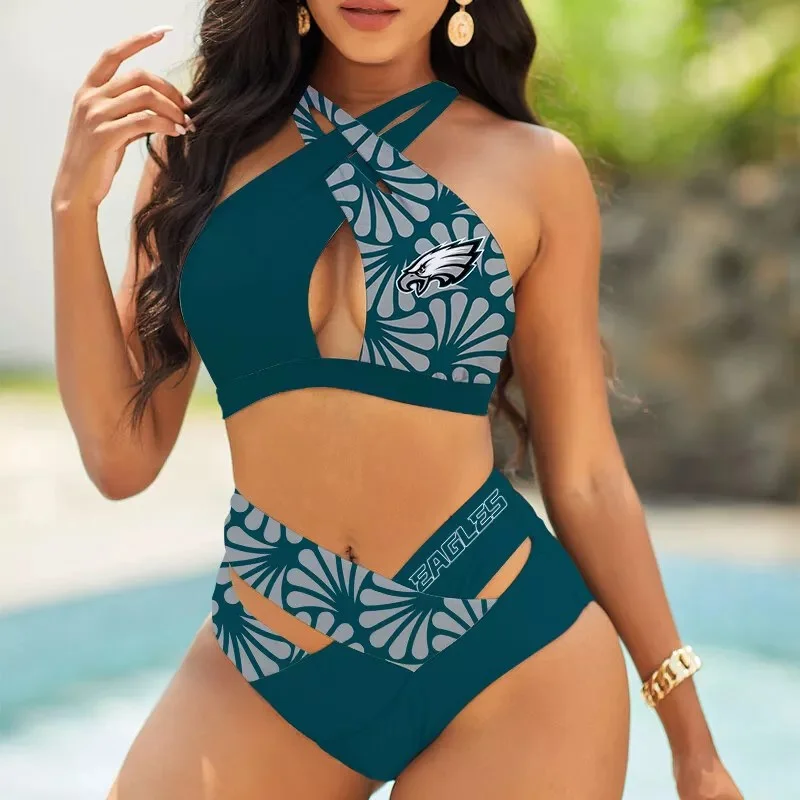 Buffalo Bills Womens 2Pcs Bikini Swimsuit Criss Cross Cutout Bathing Suit St6326