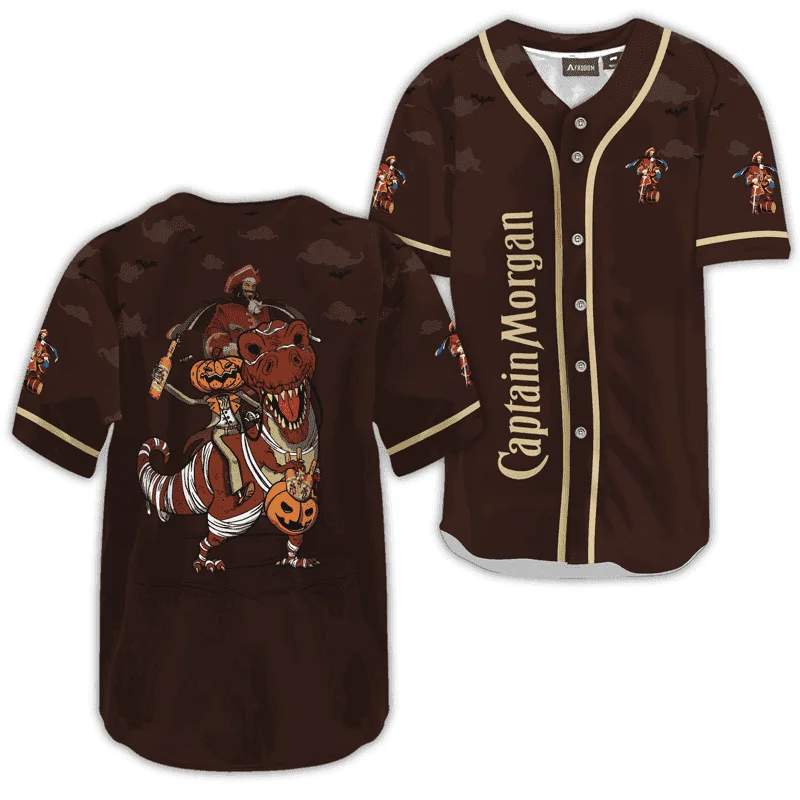 Captain Morgan Brown Halloween Dinosaur Baseball Jersey Style7495