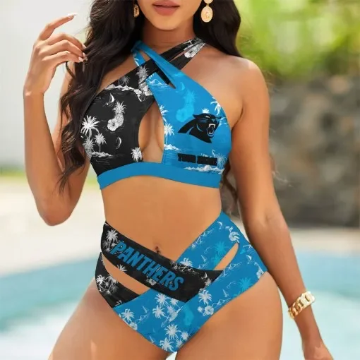 Carolina Panthers Womens 2Pcs Bikini Swimsuit Criss Cross Cutout Bathing Suit St6724