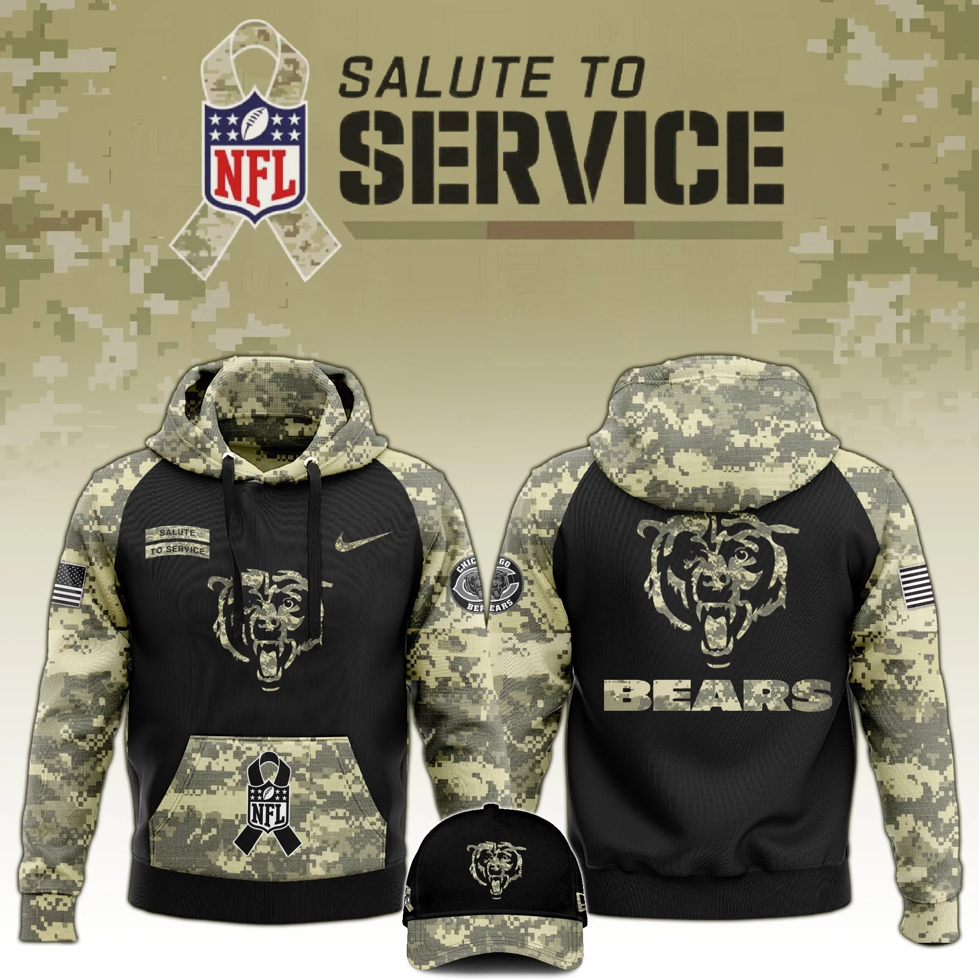 Chicago Bears Salute to Service Club Limited Camo Hoodie And Hat Unique Bears Shirt