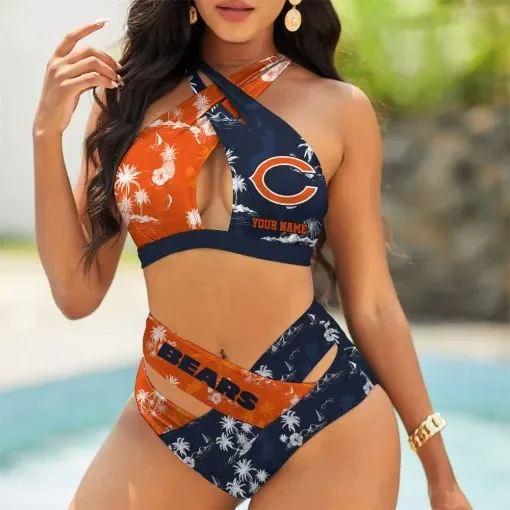 Chicago Bears Womens 2Pcs Bikini Swimsuit Criss Cross Cutout Bathing Suit St7258