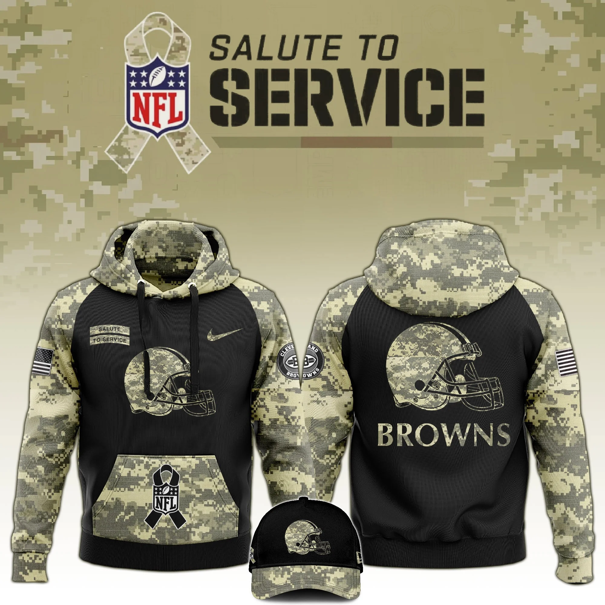 Cleveland Browns Salute to Service Club Limited Camo Hoodie And Hat Best Browns Fans Gift