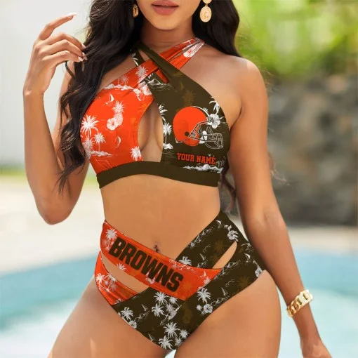 Cleveland Browns Womens 2Pcs Bikini Swimsuit Criss Cross Cutout Bathing Suit St3847