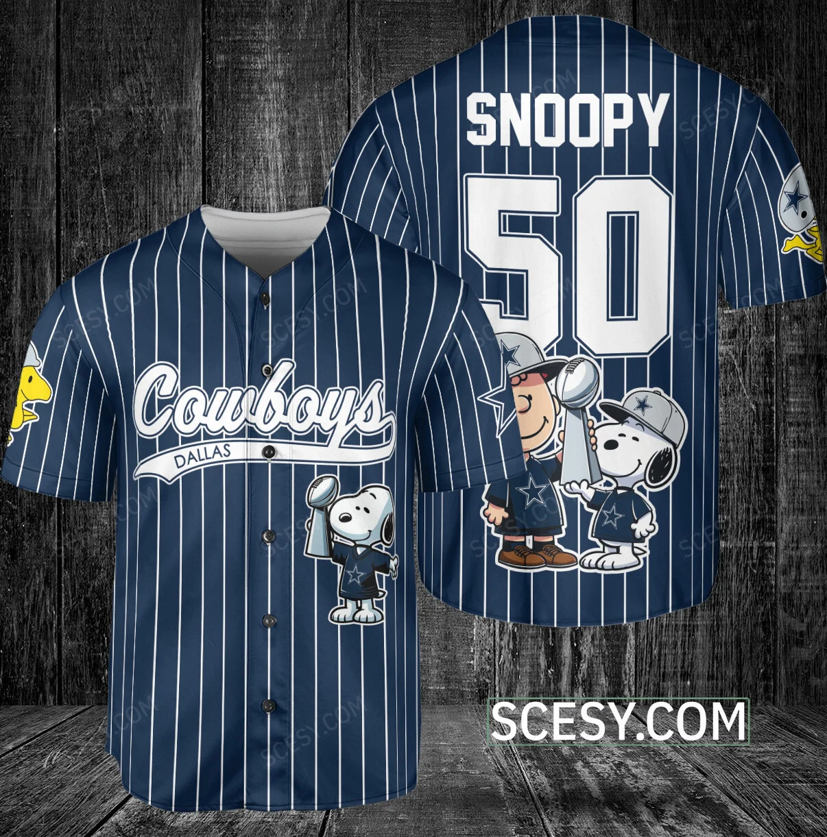 Dallas Cowboys Peanut Snoopy Champion Baseball Jersey Navy Striped