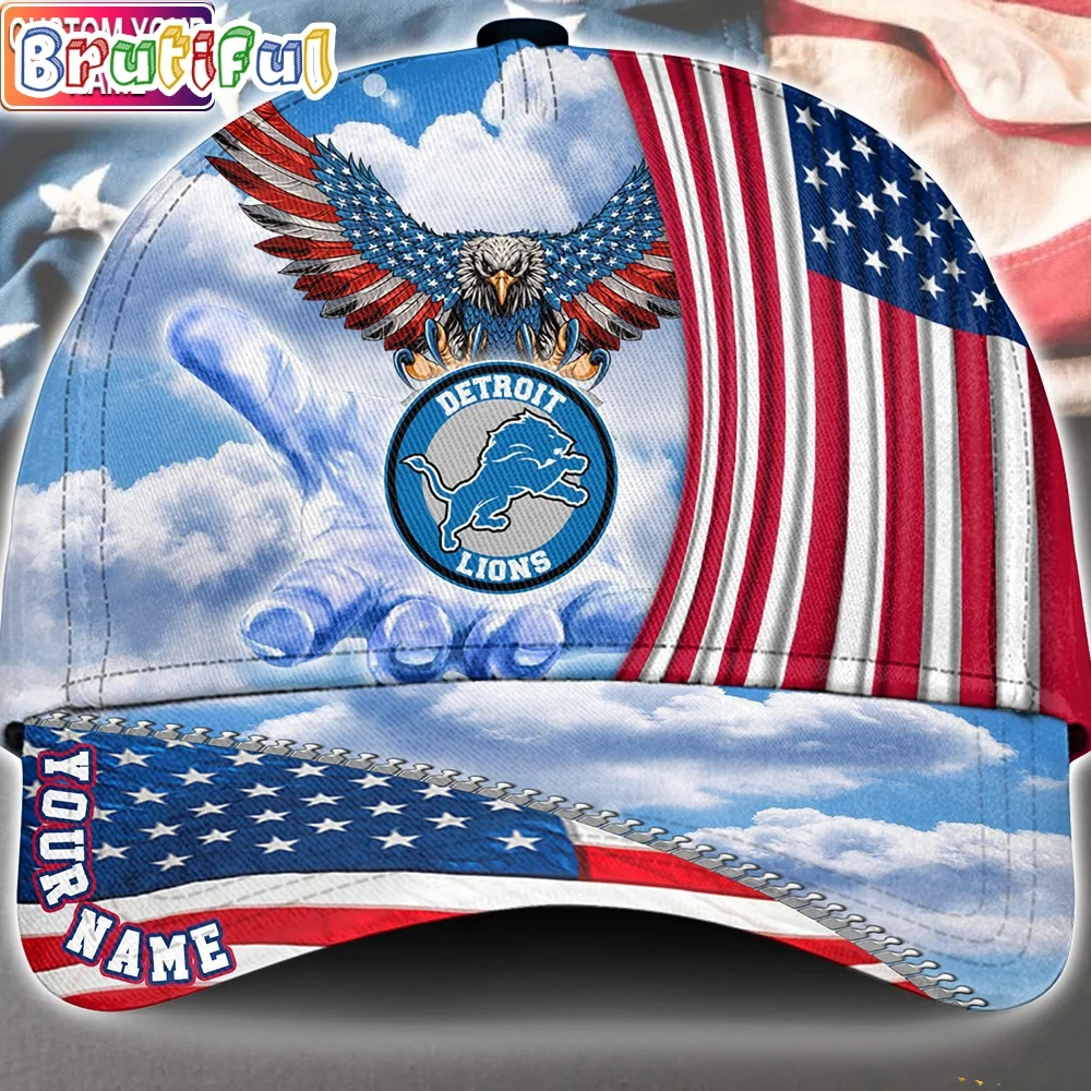 Detroit Lions America Eagle Flag 4th Of July Baseball Cap, Football Veteran Cap