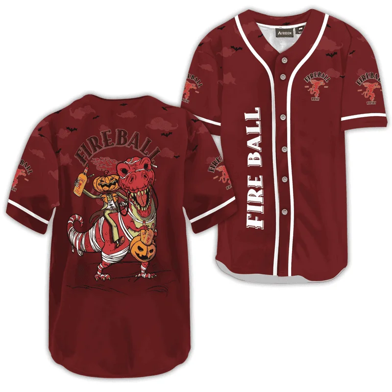 Fireball Whisky Red Halloween Dinosaur Baseball Jersey Style7287