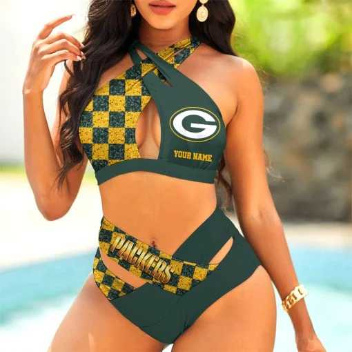 Green Bay Packers Womens 2Pcs Bikini Swimsuit Criss Cross Cutout Bathing Suit St5898