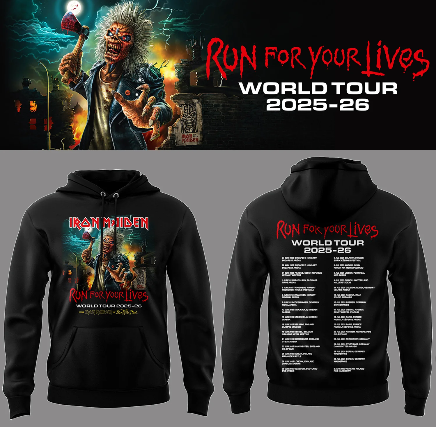 Iron Maiden World Tour 25-26 Run For Your Life Black Hoodie