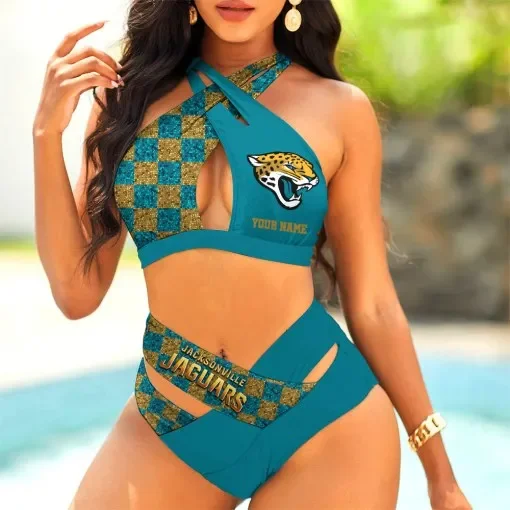 Jacksonville Jaguars Womens 2Pcs Bikini Swimsuit Criss Cross Cutout Bathing Suit St8981