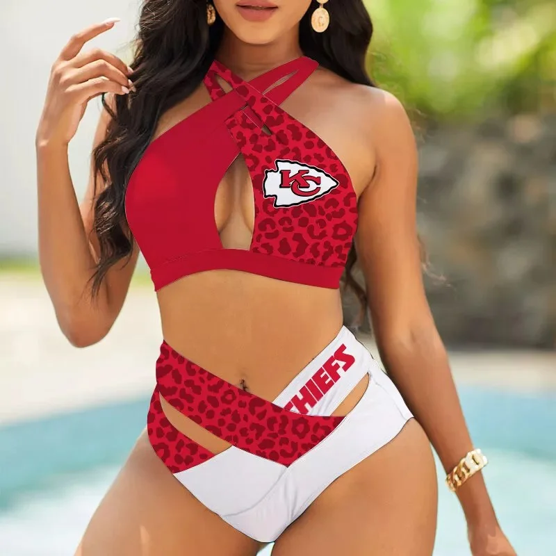 Kansas City Chiefs Womens 2Pcs Bikini Swimsuit Criss Cross Cutout Bathing Suit St8680