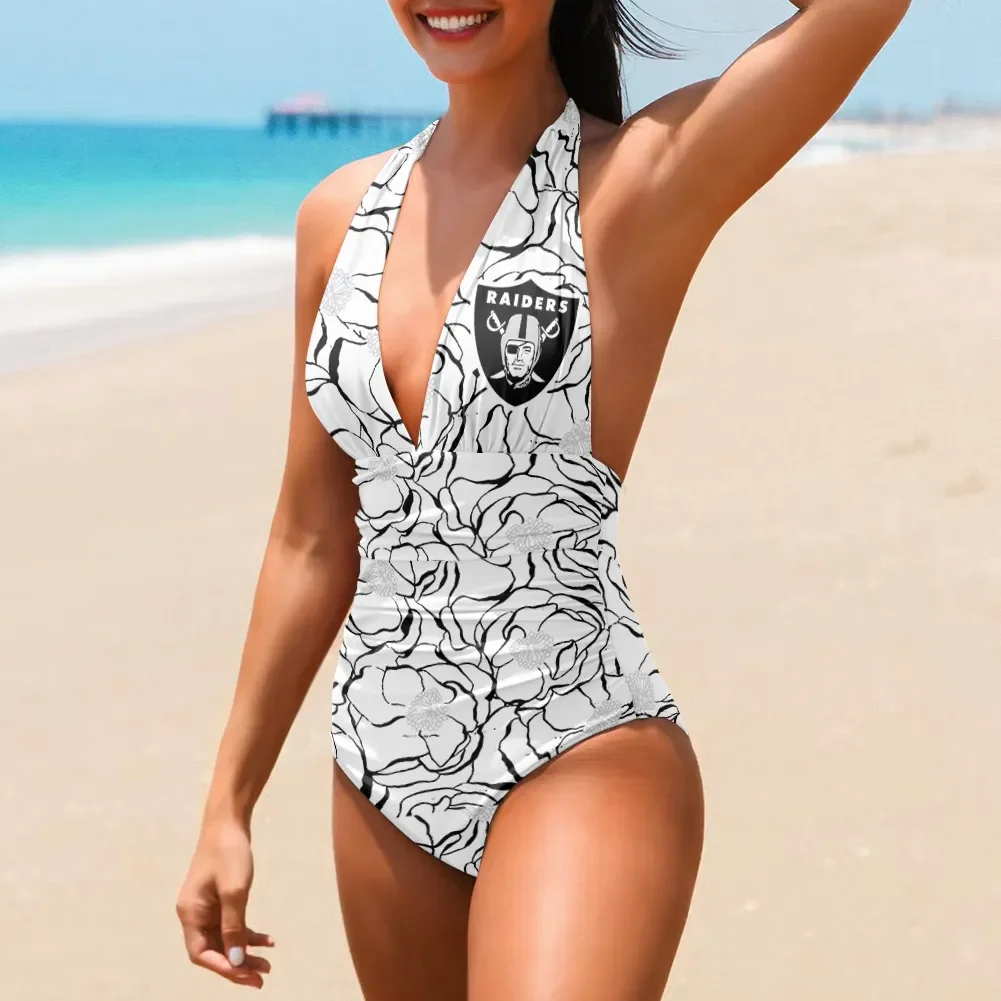 Las Vegas Raiders Printed Halter Neck One Piece Swimsuit St8921