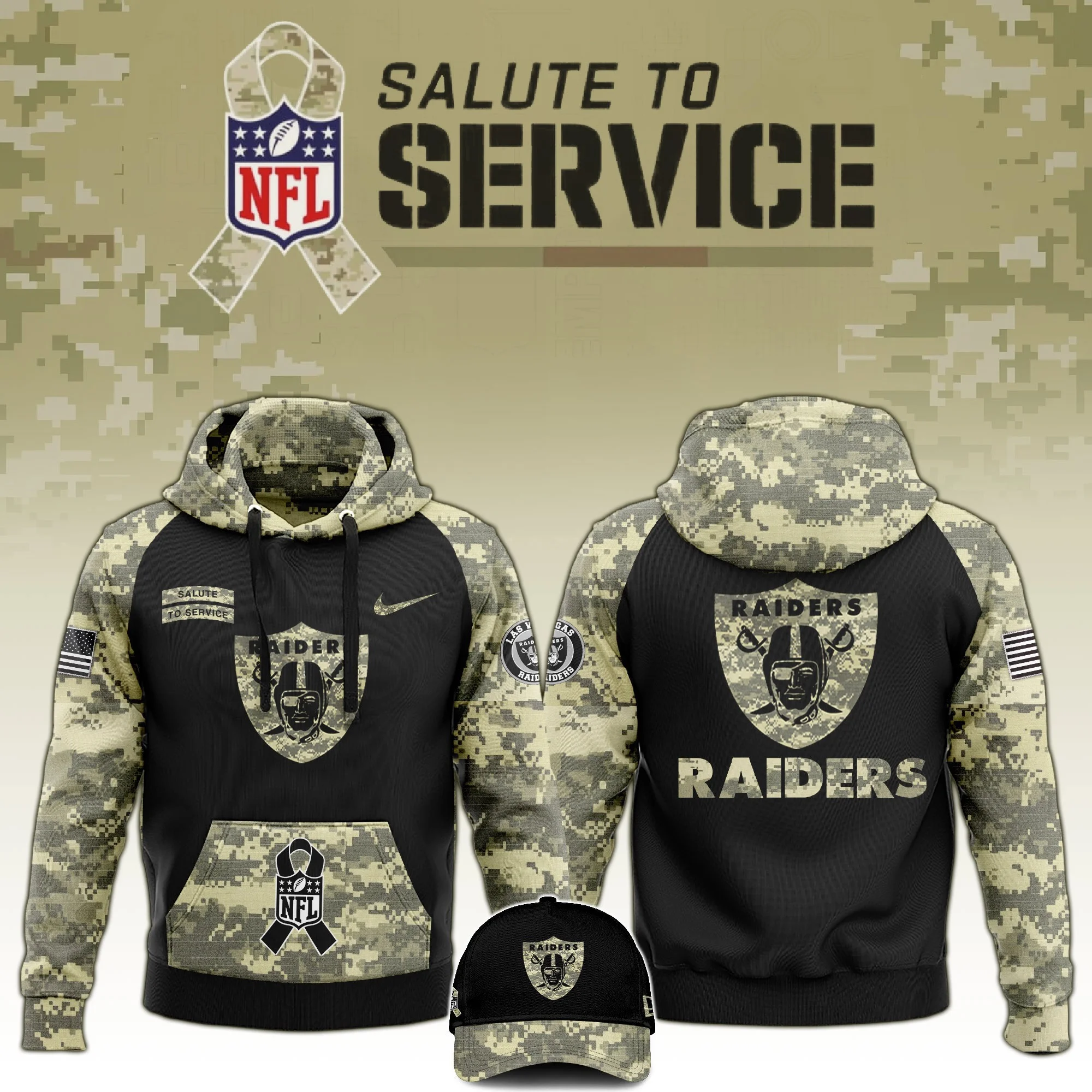 Las Vegas Raiders Salute to Service Club Limited Camo Hoodie And Hat Best Raiders Fans Merch