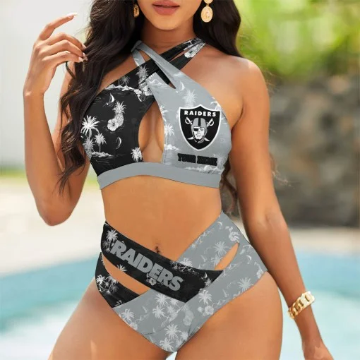 Las Vegas Raiders Womens 2Pcs Bikini Swimsuit Criss Cross Cutout Bathing Suit St8220