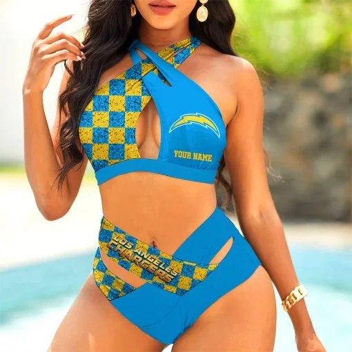 Los Angeles Chargers Womens 2Pcs Bikini Swimsuit Criss Cross Cutout Bathing Suit St7984