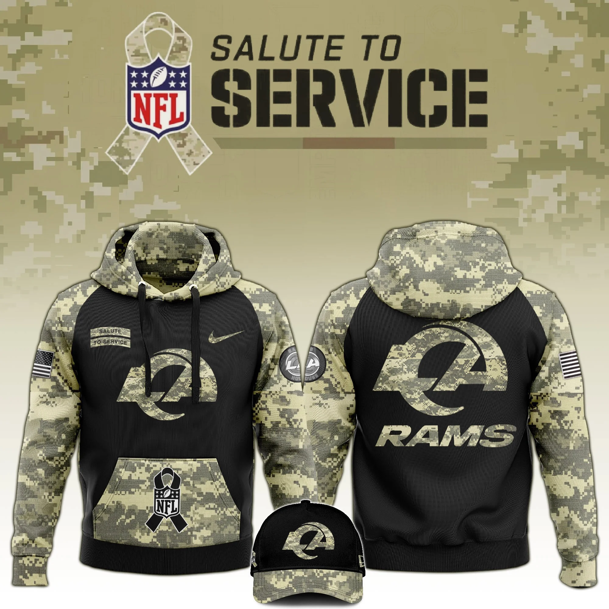 Los Angeles Rams Salute to Service Club Limited Camo Hoodie And Hat Perfect Rams Shirt