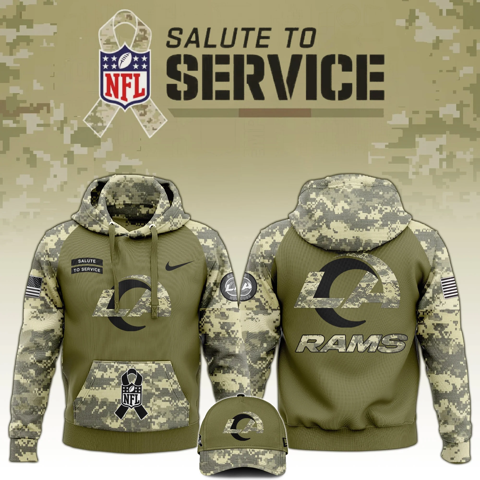 Los Angeles Rams Salute to Service Club Limited Edition Camo Hoodie Rams Merch For NFL Fans