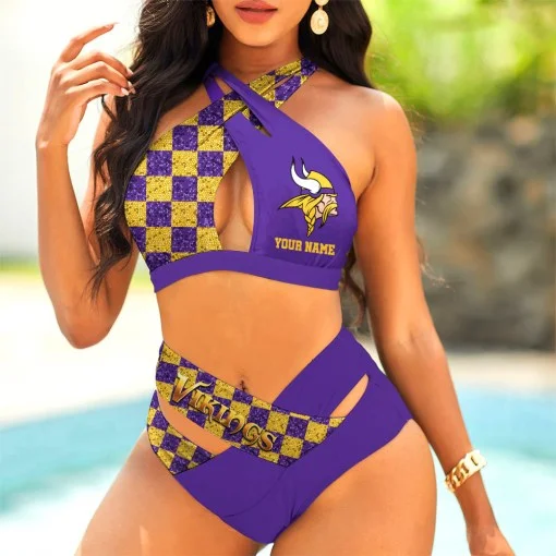 Minnesota Vikings Womens 2Pcs Bikini Swimsuit Criss Cross Cutout Bathing Suit St8060