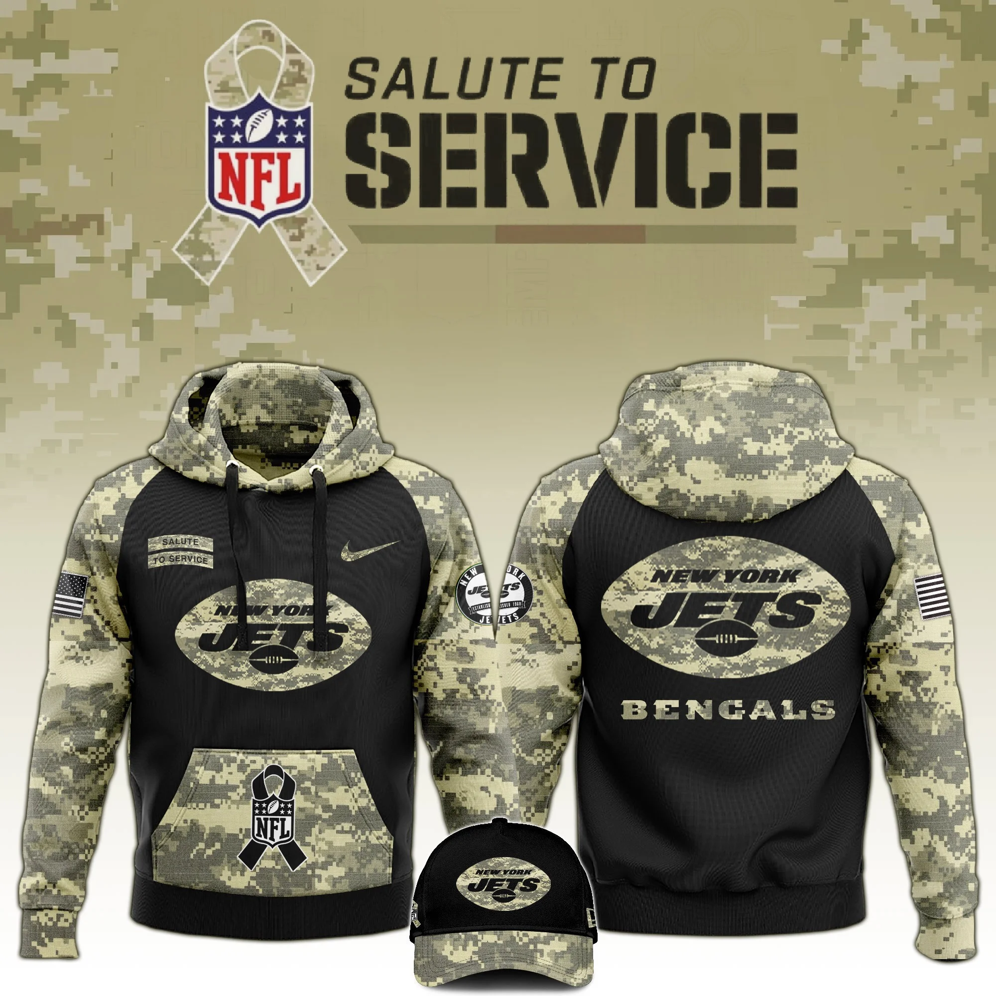 New York Jets Salute to Service Club Limited Camo Hoodie And Hat Jets Merch