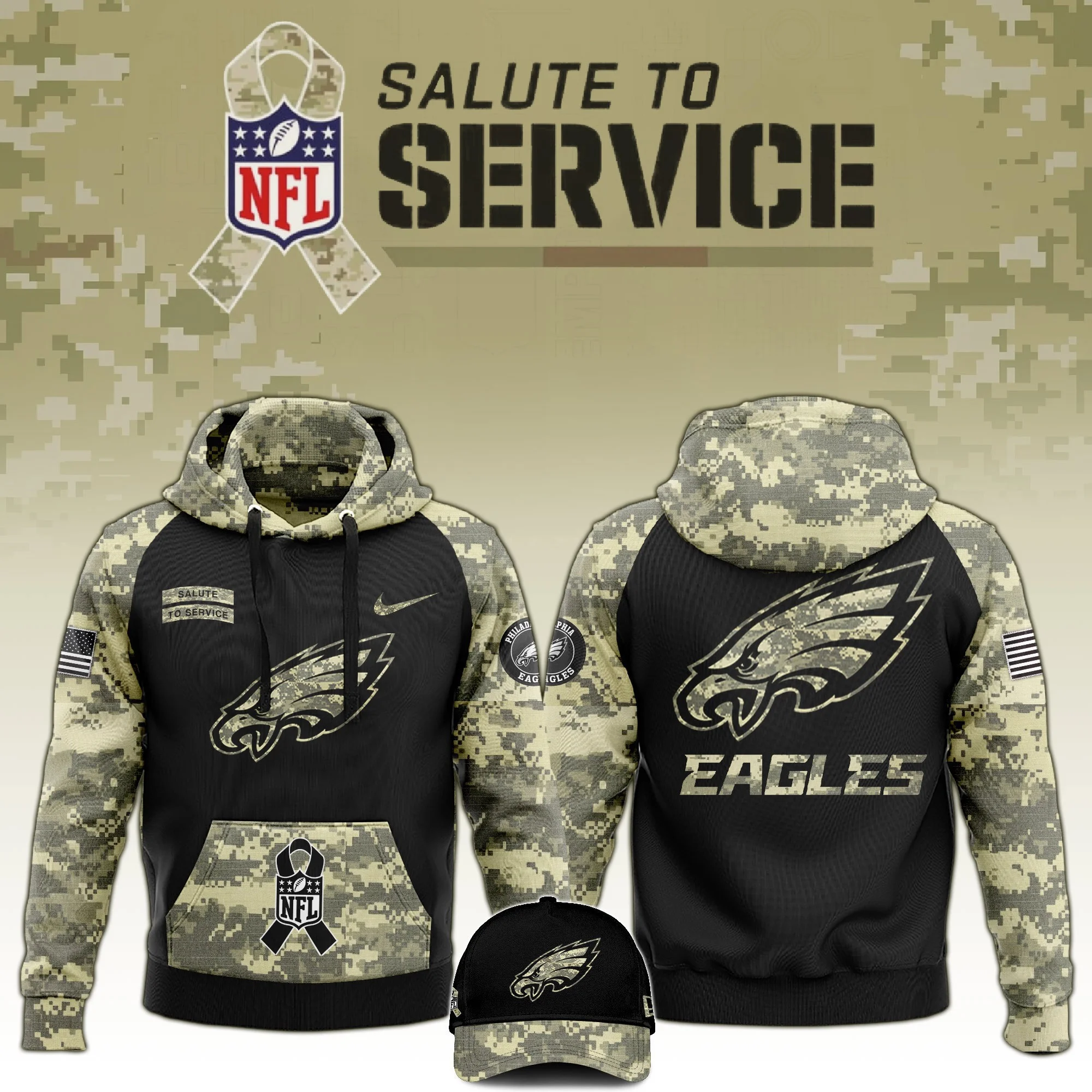 Philadelphia Eagles Salute to Service Club Limited Camo Hoodie And Hat Best Eagles Merch