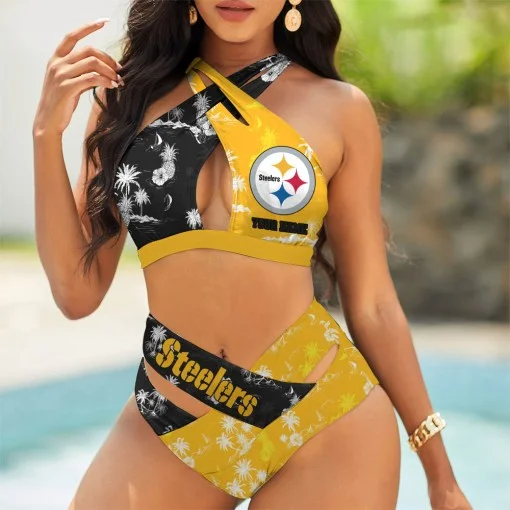 Pittsburgh Steelers Womens 2Pcs Bikini Swimsuit Criss Cross Cutout Bathing Suit St2455