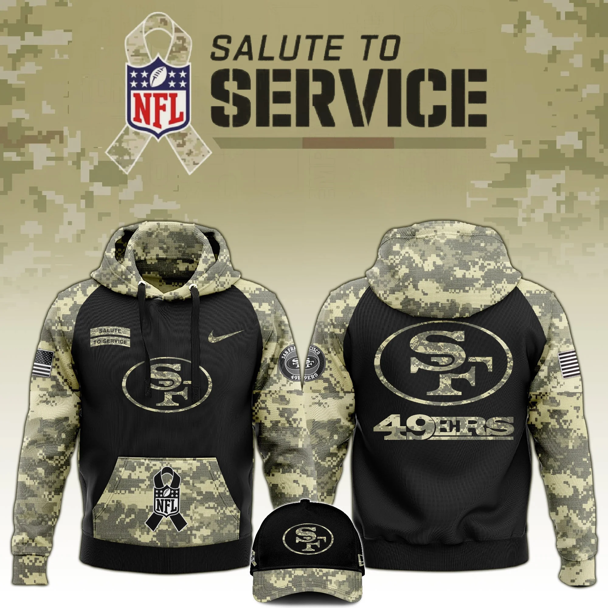 San Francisco 49ers Salute to Service Club Limited Camo Hoodie And Hat Unique 49ers