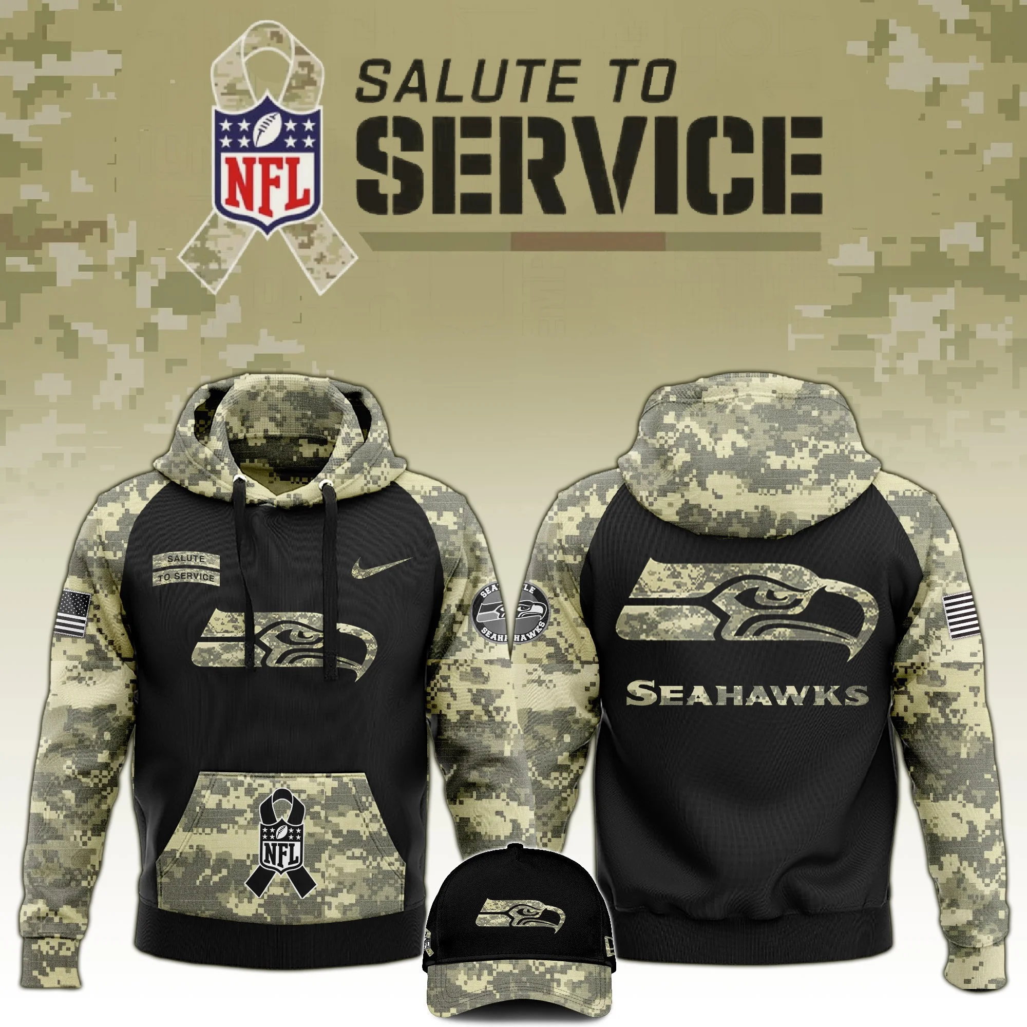 Seattle Seahawks Salute to Service Club Limited Camo Hoodie And Hat Gift For Seahawks Fans