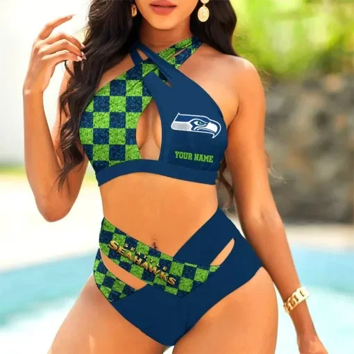 Seattle Seahawks Womens 2Pcs Bikini Swimsuit Criss Cross Cutout Bathing Suit St2788