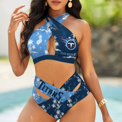Tennessee Titans Womens 2Pcs Bikini Swimsuit Criss Cross Cutout Bathing Suit St8609