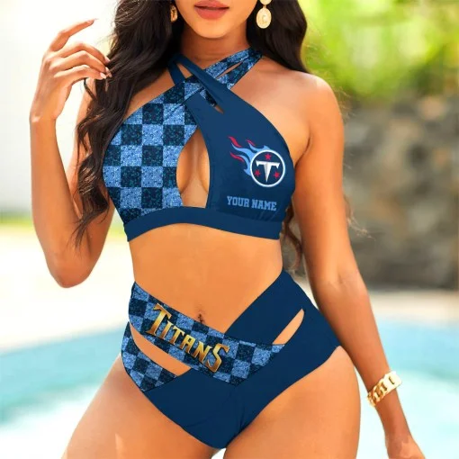 Tennessee Titans Womens 2Pcs Bikini Swimsuit Criss Cross Cutout Bathing Suit St2593