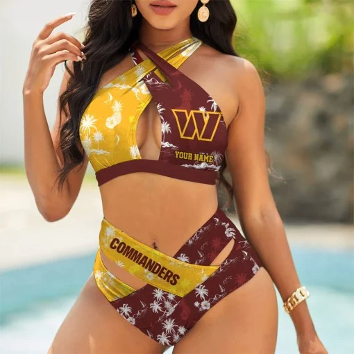 Washington Commanders Womens 2Pcs Bikini Swimsuit Criss Cross Cutout Bathing Suit St9539